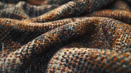 A close-up of a tweed fabric in a mix of earthy tones, showcasing its rich texture and depth