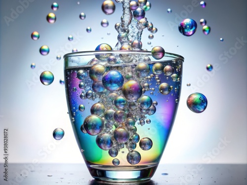 Sparkling iridescent bubbles form and float upwards in slow motion as crystal clear water is poured into a transparent glass container against a pure white background.