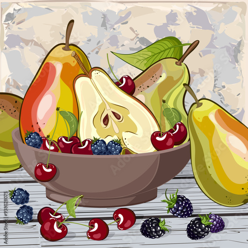 Dish with pears and berries.Colored vector illustration with pears and berries in a plate on a wooden tabletop.