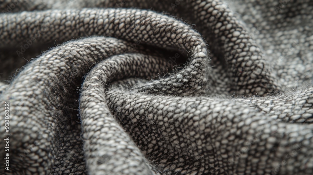 A close-up of a woven wool fabric in a soft, heathered grey, with its cozy, natural texture A close-up of a woven wool fabric in a soft, heathered grey, with its cozy, natural texture