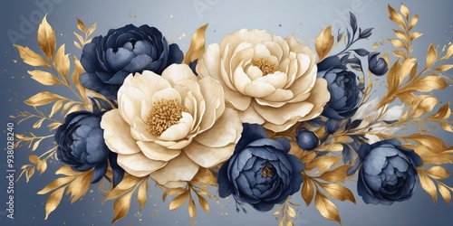 Fototapeta Naklejka Na Ścianę i Meble -  watercolor navy blue bouquet gold leaves botanical clip art drawing peonies roses herbs wedding invitation design.