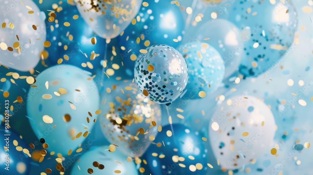 A close-up of balloons in shades of blue, with gold and silver confetti scattered around for a fun and festive look A close-up of balloons in shades of blue, with gold and silver confetti scattered around for a fun and festive look