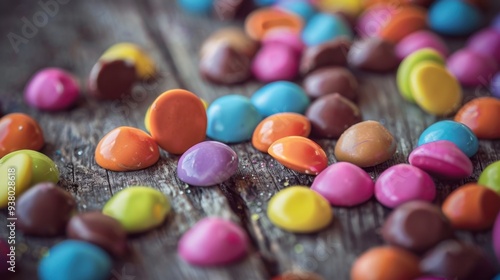 A close-up of candy-coated chocolates scattered across a wooden surface, creating a burst of color photo