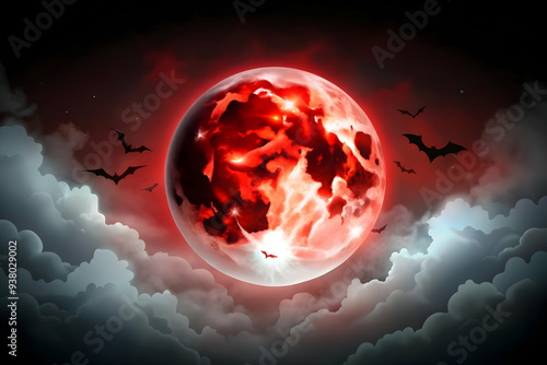 Flat Glossy Blood Moon Background with Clouds concept as A glossy background featuring a blood red moon with dark clouds swirling around it. Perfect for Halloween horror themed advertisements or vampi photo