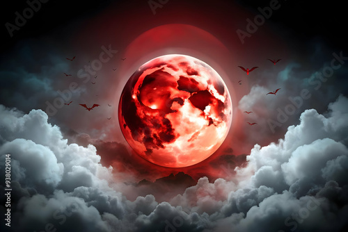 Flat Glossy Blood Moon Background with Clouds concept as A glossy background featuring a blood red moon with dark clouds swirling around it. Perfect for Halloween horror themed advertisements or vampi photo