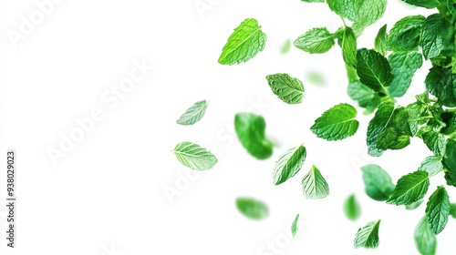 Fresh green mint leaves falling and floating in the air against a white background.