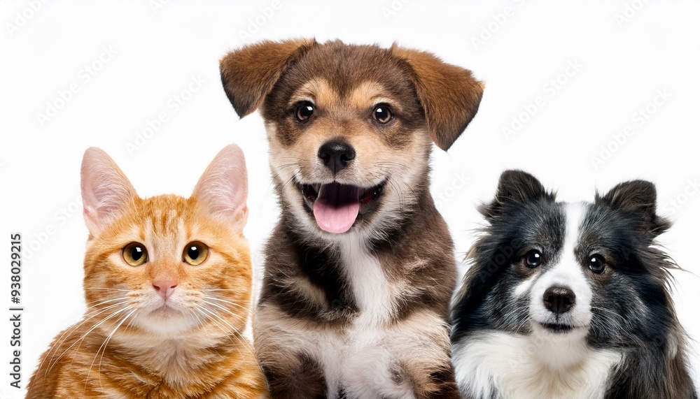 Obraz premium 犬と猫のポートレート(Group of dogs and cat portrait white background)
