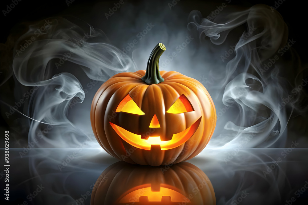 Flat Glossy Jack o Lantern Background with Smoke concept as A glossy background featuring a glowing jack o lantern with swirling smoke in a dark spooky setting. Ideal for Halloween themed advertisemen Flat Glossy Jack o Lantern Background with Smoke concept as A glossy background featuring a glowing jack o lantern with swirling smoke in a dark spooky setting. Ideal for Halloween themed advertisemen