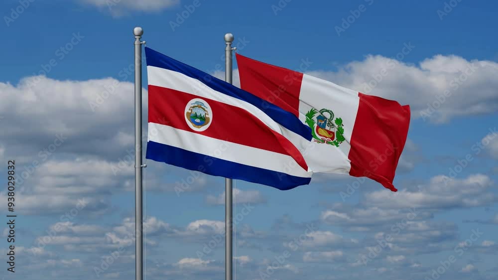 Peru and Costa Rico flags flying together, video concept of the relationship, two country cooperation concept Peru and Costa Rico flags flying together, video concept of the relationship, two country cooperation concept