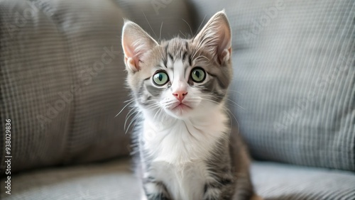 Adorable grey and white kitten sitting on a couch, looking up with big green eyes, waiting to be cuddled and adopted into a forever home. photo