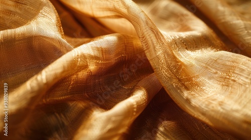 A close-up of raw silk fabric in a warm, golden hue, with its natural slubs and texture creating an artisanal look photo