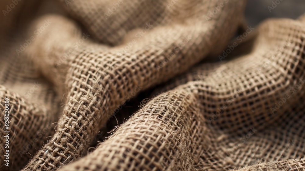 A close-up of rustic burlap fabric, showcasing its coarse weave and earthy, natural tones A close-up of rustic burlap fabric, showcasing its coarse weave and earthy, natural tones