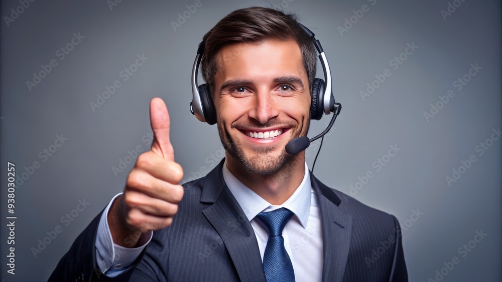 Studio Portrait Of Smiling Customer Service Agent Giving Thumbs Up While Wearing Headset Studio Portrait Of Smiling Customer Service Agent Giving Thumbs Up While Wearing Headset