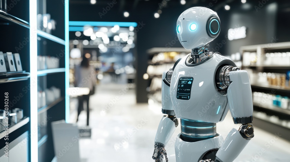 A futuristic shopping experience where AI-driven robots assist customers in a high-end retail store. A futuristic shopping experience where AI-driven robots assist customers in a high-end retail store.