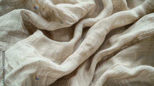 A close-up of soft, wrinkled linen fabric in a neutral beige color, creating a cozy, textured background