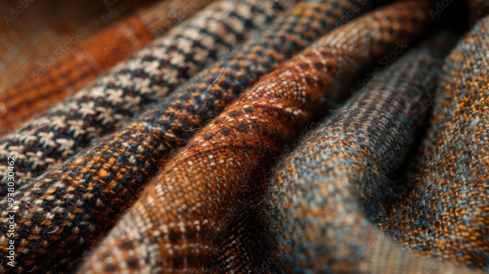 A close-up of tweed fabric in rich, earthy tones, with its textured weave and subtle color variations A close-up of tweed fabric in rich, earthy tones, with its textured weave and subtle color variations