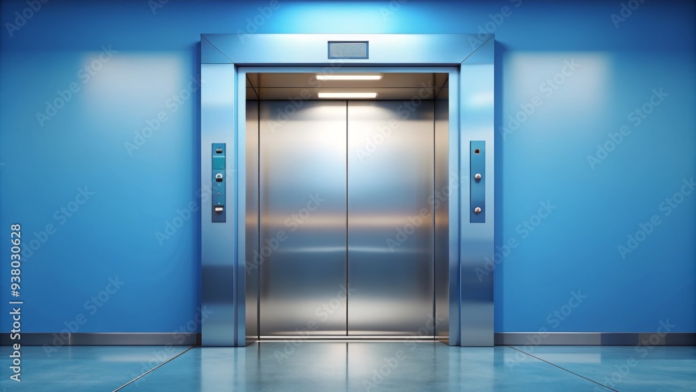 Stylish modern elevator illustration with metallic doors, buttons, and arrows, set against a bright blue background with subtle gradient and minimalist design elements. Stylish modern elevator illustration with metallic doors, buttons, and arrows, set against a bright blue background with subtle gradient and minimalist design elements.