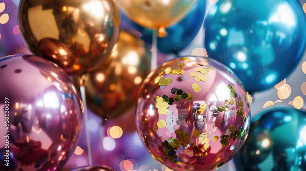 Fototapeta premium A cluster of metallic balloons with confetti in complementary colors, creating a cheerful and vibrant composition