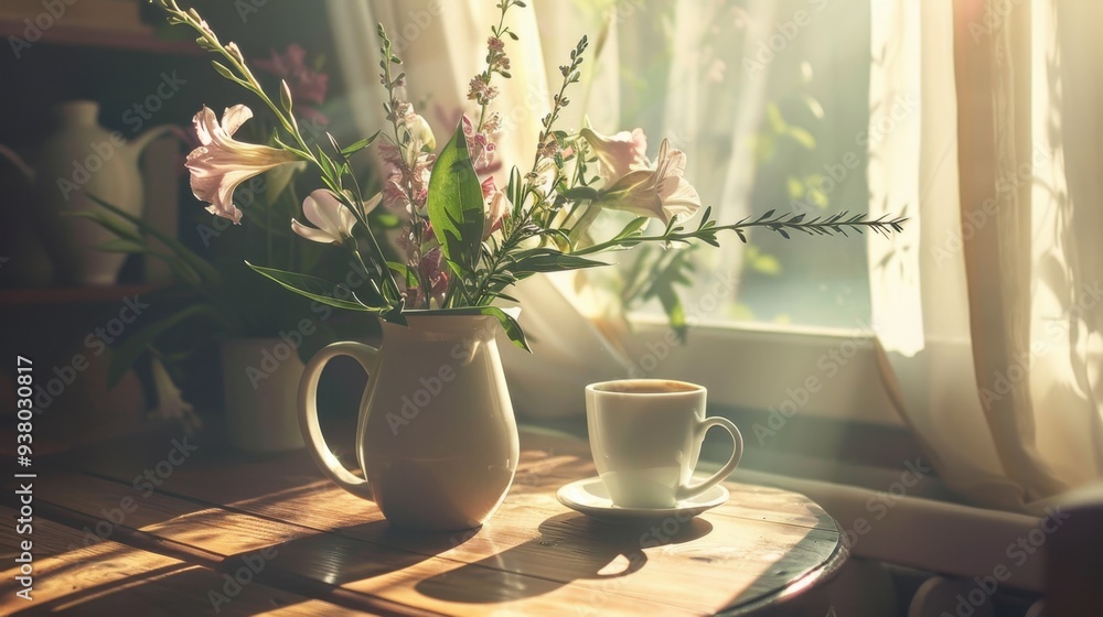 A coffee cup on a wooden table next to a vase of fresh flowers, with soft light creating a peaceful scene A coffee cup on a wooden table next to a vase of fresh flowers, with soft light creating a peaceful scene