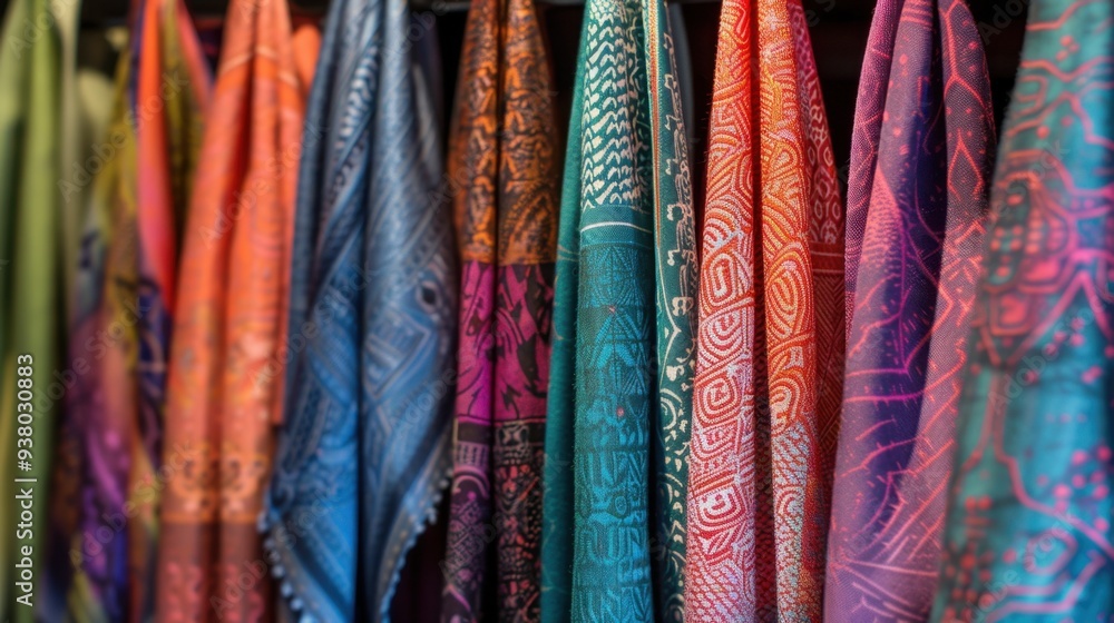 A collection of colorful scarves hanging on a rack, each one showcasing a different pattern and texture A collection of colorful scarves hanging on a rack, each one showcasing a different pattern and texture