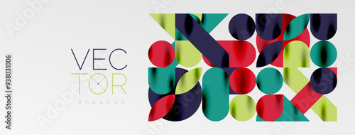 Mosaic geometric elements. Colorful circles, round geometric shapes and lines with shadow 3d effects. Simple forms abstract background for wallpaper, banner, template or landing