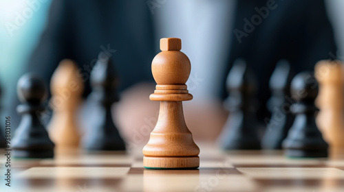 A close-up of a wooden chess pawn on a chessboard, symbolizing strategy and decision-making in a professional business setting.