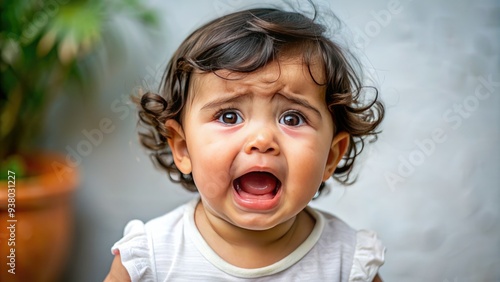 Adorable Latinx infant with dark hair and bright brown eyes wails uncontrollably, tiny fists clenched, in a moment of overwhelmed toddler tantrum. photo