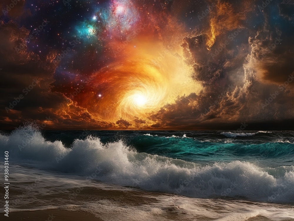 Naklejka premium Stunning Cosmic Vortex Over Ocean Waves at Sunset with Dramatic Sky and Colorful Clouds