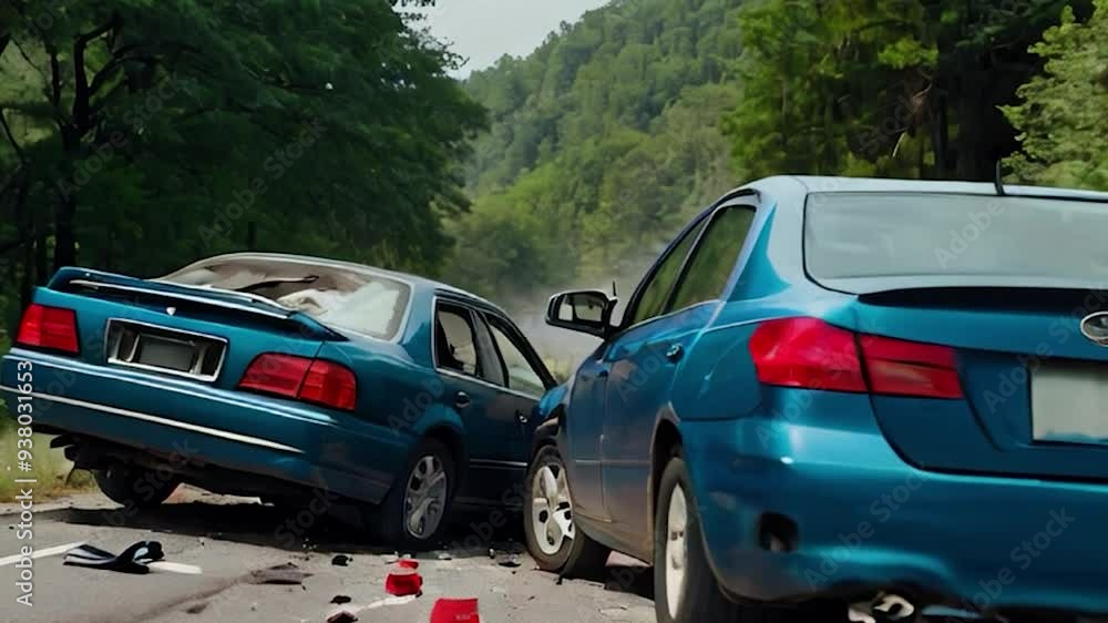 Two Blue Cars Involved in a Collision on a Road Two Blue Cars Involved in a Collision on a Road