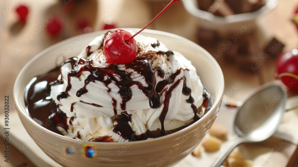 A decadent bowl of ice cream topped with hot fudge, whipped cream, and a cherry A decadent bowl of ice cream topped with hot fudge, whipped cream, and a cherry