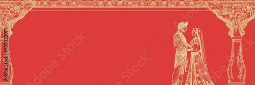 Indian Wedding Invitation Banner with Red Background - A red banner with intricate gold designs, depicting a bride and groom in traditional Indian wedding attire, symbolizing love, commitment, traditi photo