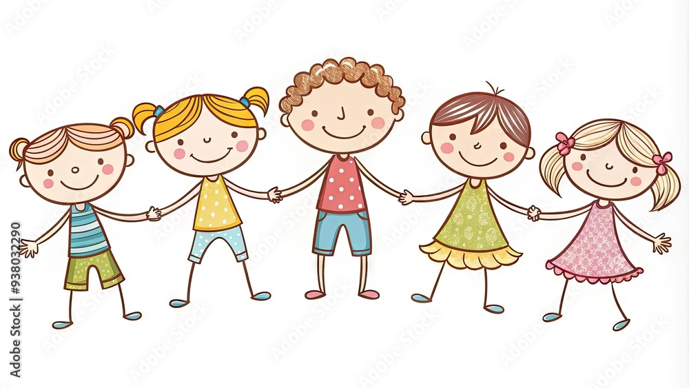 Adorable little outline of happy children holding hands and standing in a circle, symbolizing friendship, unity, and childhood innocence in a whimsical illustration style. Adorable little outline of happy children holding hands and standing in a circle, symbolizing friendship, unity, and childhood innocence in a whimsical illustration style.