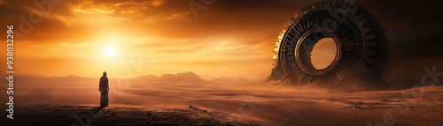 Mysterious Figure in Desert Landscape with Futuristic Structure at Sunset