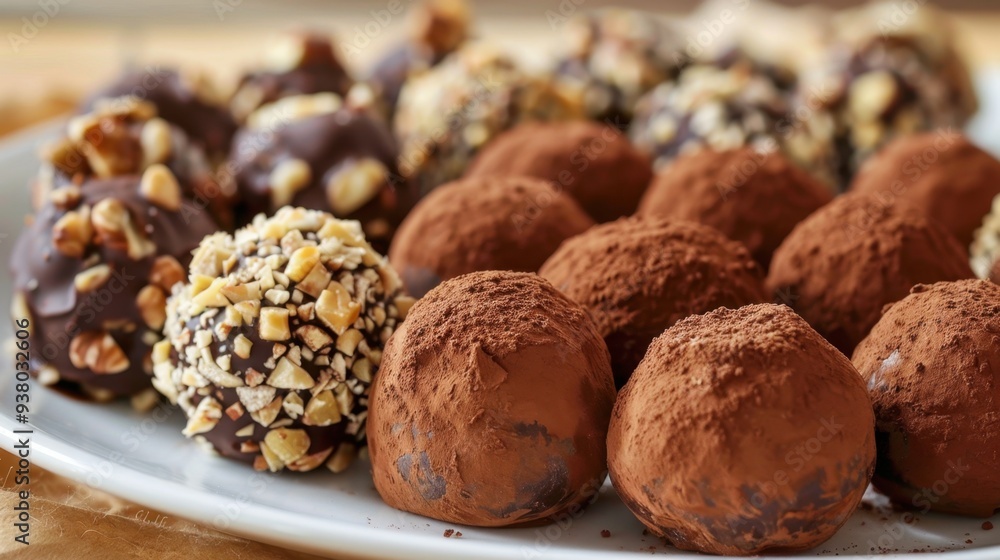 A decadent plate of chocolate truffles, each one coated in cocoa powder or rolled in nuts A decadent plate of chocolate truffles, each one coated in cocoa powder or rolled in nuts