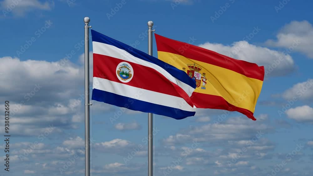 Spain and Costa Rico flags flying together, video concept of the relationship, two country cooperation concept Spain and Costa Rico flags flying together, video concept of the relationship, two country cooperation concept