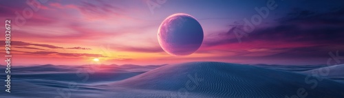 Surreal Desert Landscape with a Giant Planet and Vibrant Sunset Sky photo