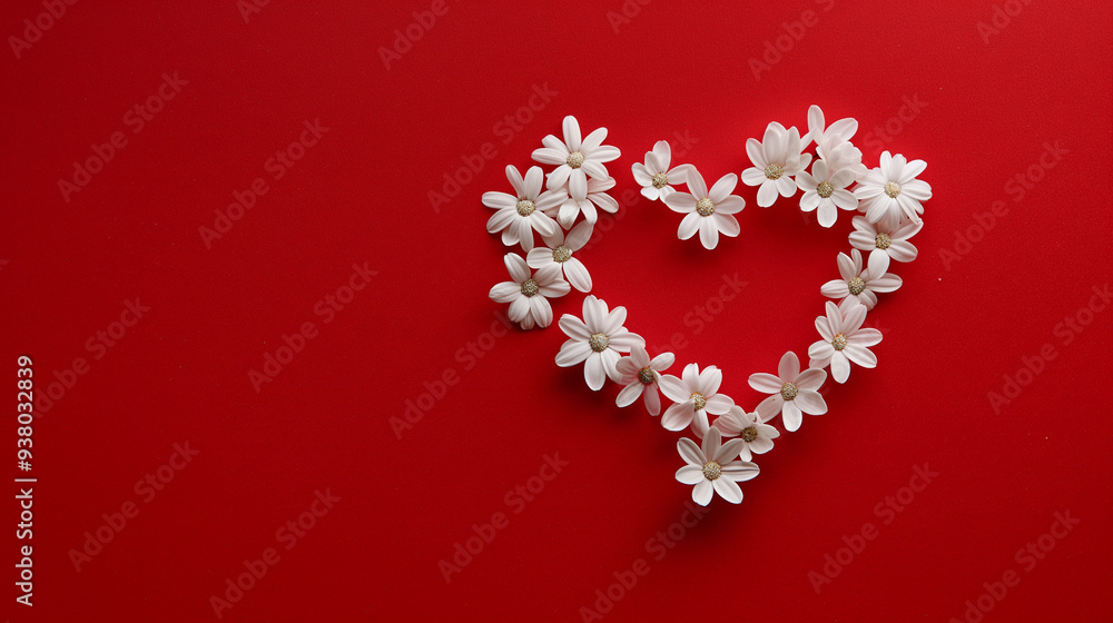 Creative Floral Heart Arrangement with White Blooms on a Deep Red Background Creative Floral Heart Arrangement with White Blooms on a Deep Red Background