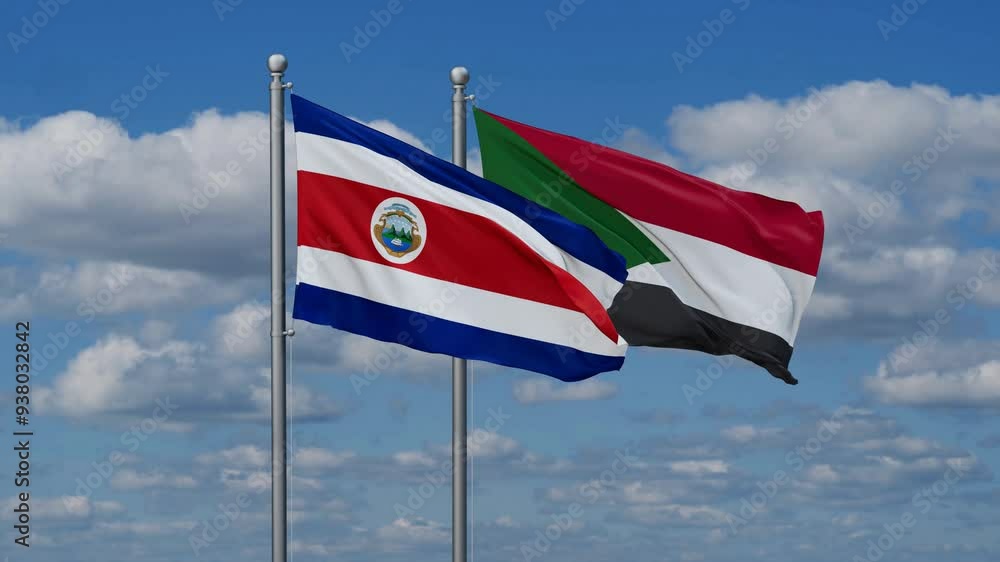 Sudan and Costa Rico flags flying together, video concept of the relationship, two country cooperation concept Sudan and Costa Rico flags flying together, video concept of the relationship, two country cooperation concept