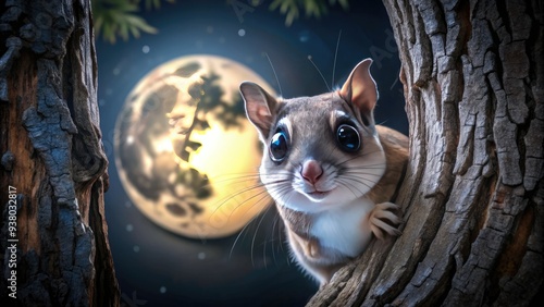 Adorable northern flying squirrel peers out from behind a tree trunk, its large round eyes shining with curiosity in a moonlit forest scene. photo