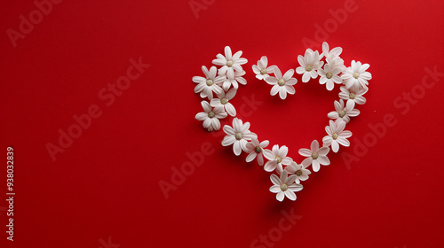 Creative Floral Heart Arrangement with White Blooms on a Deep Red Background