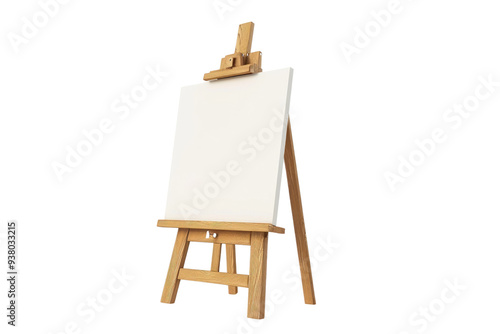 Brown wooden artist easel with blank canvas isolated on white background. Studio art equipment photography for design and print. Art equipment concept. Painting accessory. Artist workspace. AIG57. photo