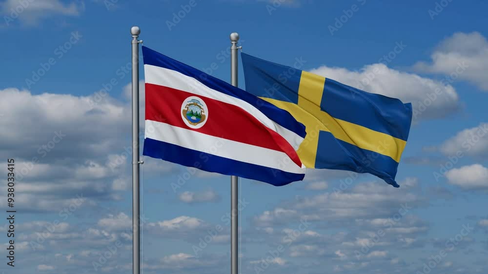 Sweden and Costa Rico flags flying together, video concept of the relationship, two country cooperation concept Sweden and Costa Rico flags flying together, video concept of the relationship, two country cooperation concept