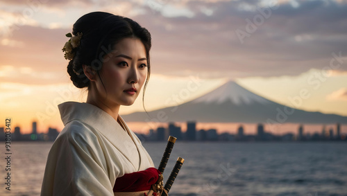 Woman in kimono holds samurai swords, looking towards Mount Fuji at dusk. Cinematic japaneese csene photo