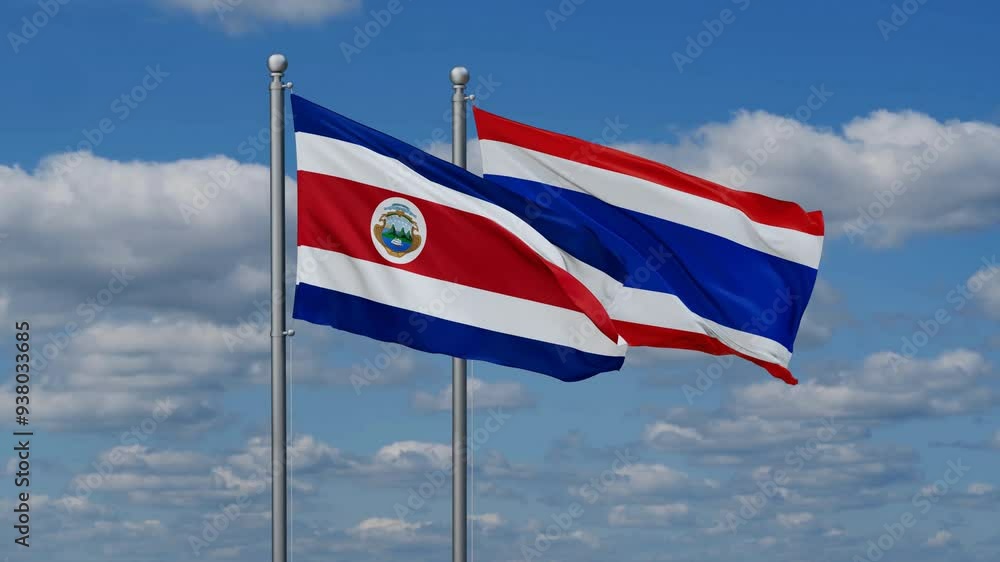 Kingdom of Thailand and Costa Rico flags flying together, video concept of the relationship, two country cooperation concept Kingdom of Thailand and Costa Rico flags flying together, video concept of the relationship, two country cooperation concept