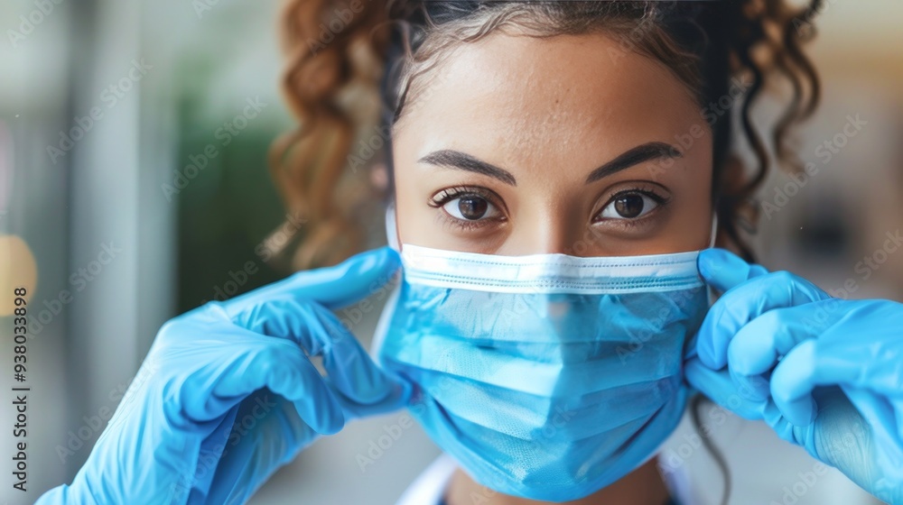 compassionate female nurse in a healthcare setting, meticulously putting on gloves as part of her protective gear. compassionate female nurse in a healthcare setting, meticulously putting on gloves as part of her protective gear.