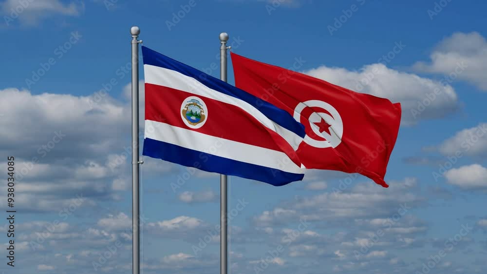 Tunisia and Costa Rico flags flying together, video concept of the relationship, two country cooperation concept Tunisia and Costa Rico flags flying together, video concept of the relationship, two country cooperation concept