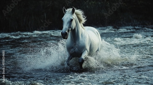 Majestic White Horse Galloping Through a River - A powerful white horse runs through a rushing river, symbolizing strength, freedom, power, beauty, and grace.