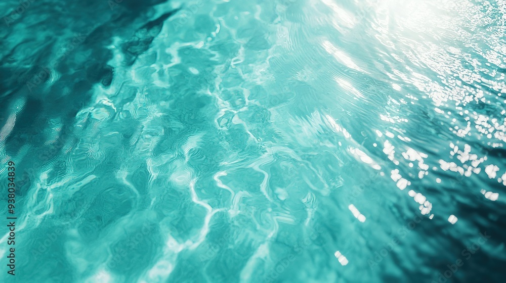Fototapeta premium Stunning Aerial View of a Pristine Turquoise Pool with Sunlight Glimmers and Ripples, Reflecting a Serene Light Blue Ambiance, Ideal for Relaxation and Leisure