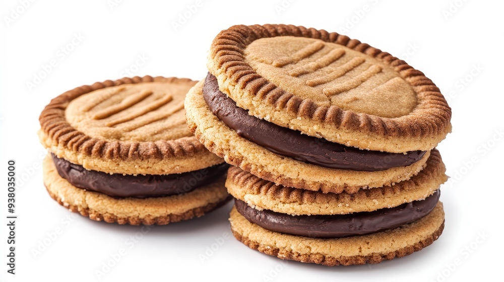 A stack of four chocolate sandwich cookies with a light brown, crispy exterior and a rich, smooth chocolate filling. A stack of four chocolate sandwich cookies with a light brown, crispy exterior and a rich, smooth chocolate filling.