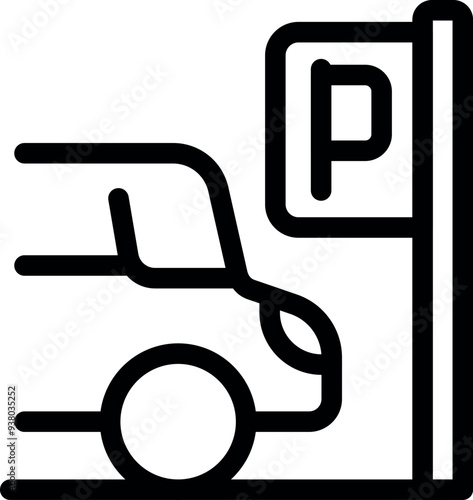 Simple, bold lined icon of a car driving away from a parking spot, perfect for representing parking garages, lots, and more